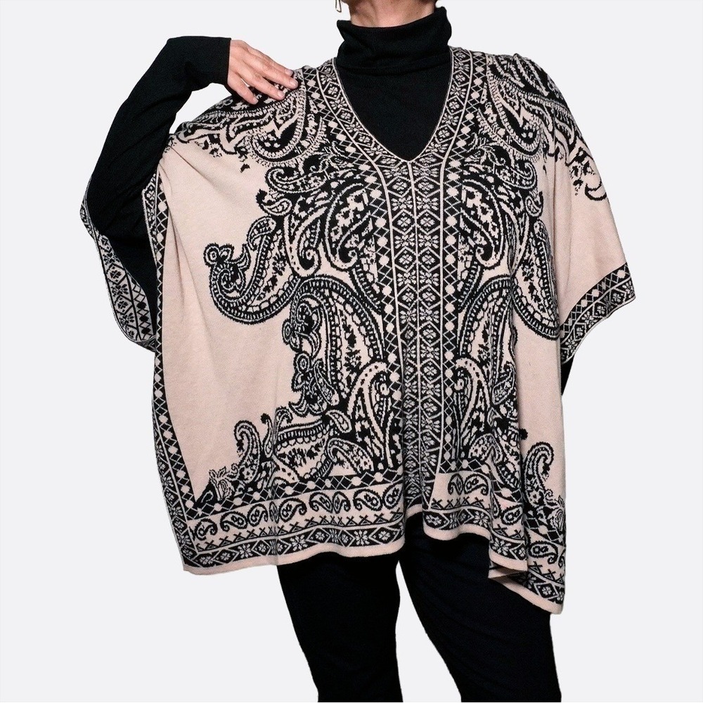 Flying Tomato Plus Size Boho Paisley Knit Poncho Sweater Beige Black 1X‎ 2X